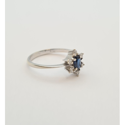 162 - A Sapphire and Diamond Cluster Ring claw-set oval-cut sapphire within a frame of six brilliant-cut d... 