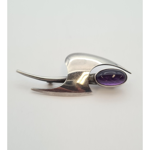 181 - An N. E. From Denmark 1960's sterling silver Brooch set oval amethyst cabochon, approx 6cms long