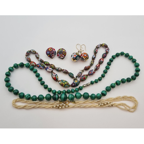 184 - A string of graduated Malachite Beads, a string of graduated Murano style Beads and two pairs of Ear... 