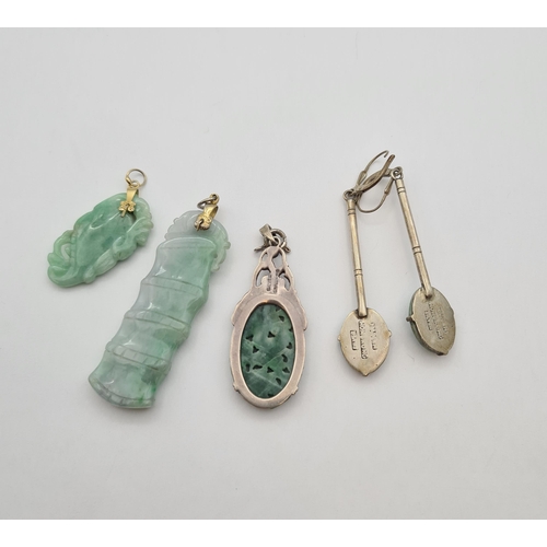 191 - Three carved Jade Pendants on silver and silver gilt mounts, a pairs of Ear Pendants set oval carved... 