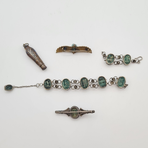 195 - An Egyptian silver Bracelet set ceramic scarabs A/F with matching Brooch, an enamelled Brooch and a ... 