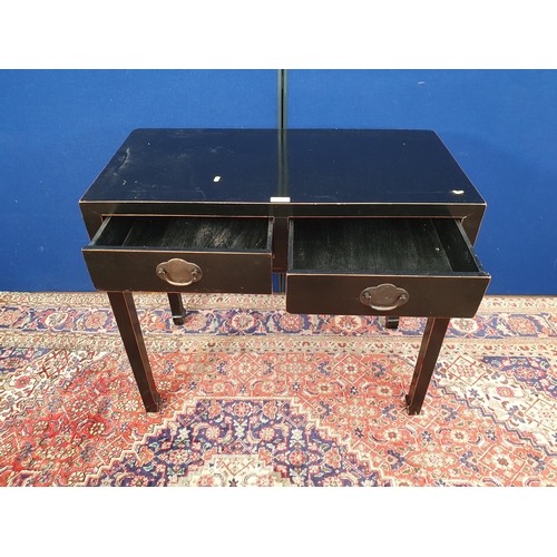 2 - A Chinese black lacquered Side Table fitted two frieze drawers on square supports 3ft 2in W x 2ft 10... 