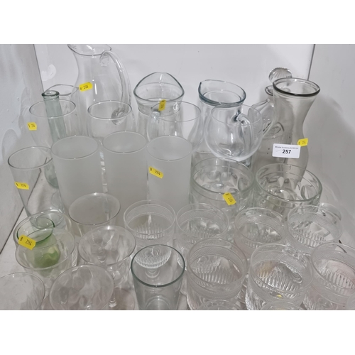 257 - A quantity of Glassware including a Carafe, Jugs, Tumblers, Wines etc (R4)