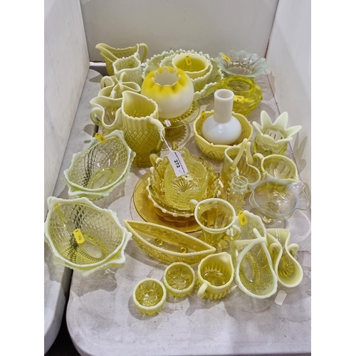 272 - A large quantity of moulded yellow vaseline Glass including Bowls,Vases, Jugs, etc (R4)