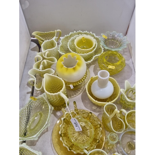 272 - A large quantity of moulded yellow vaseline Glass including Bowls,Vases, Jugs, etc (R4)