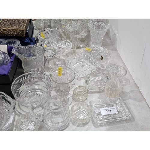 273 - A quantity of moulded and pressed Glass including Bowls,Candlesticks, Vases, etc (R4)