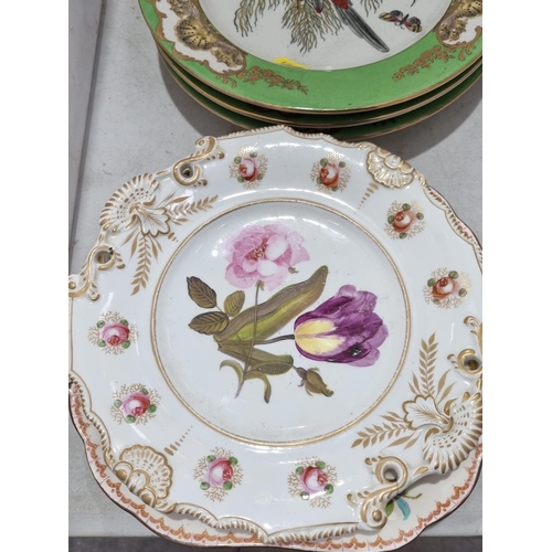 277 - A set of three pottery Plates, decorated various birds with green and gilded borders, a selection of... 