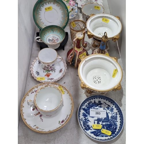 283 - A selection of porcelain including a pair of Bloor, Derby Pot Pourri Bases, Continental Cups and Sau... 