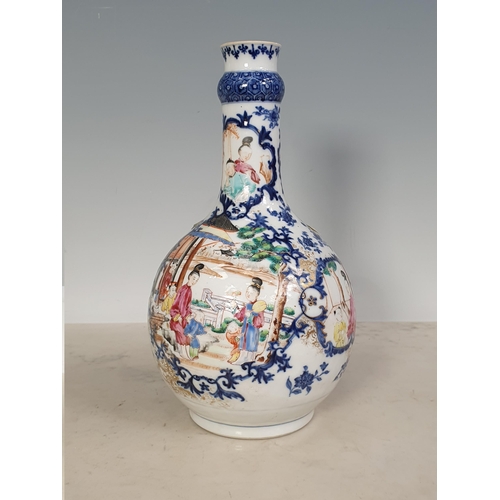 299 - A Chinese bottle shaped Vase decorated panels of figures in a landscape in coloured enamels, 9 1/2in... 