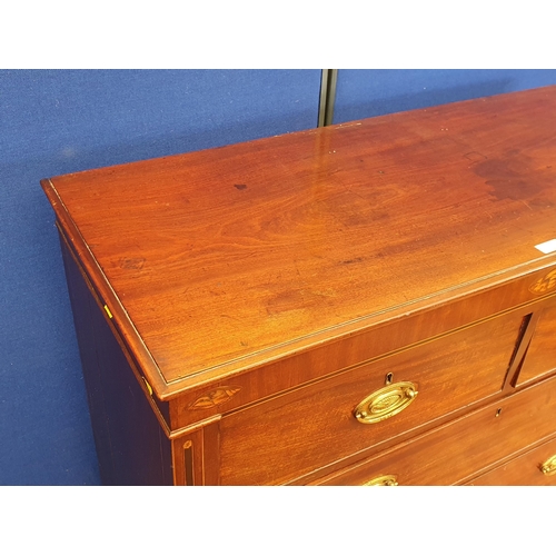 30 - A 19th Century mahogany and inlaid Chest of two short and three long drawers raised on ogee bracket ... 