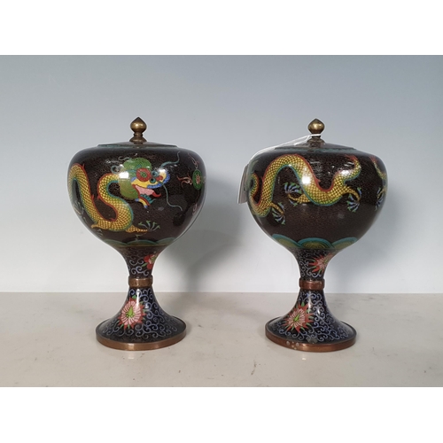 310 - A pair of cloisonné globular Vases and Covers with pedestal bases decorated dragons and flowers, 8 1... 