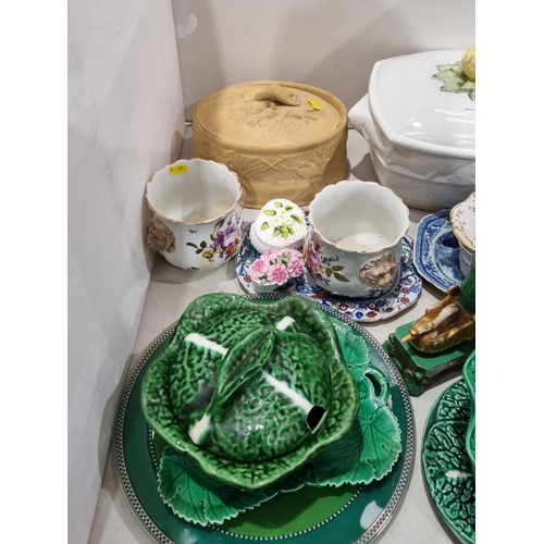 315 - An oval Game Pie Dish and Cover, A/F, a Tureen and Cover, a pair of Wedgwood Cabbage Leaf Comports, ... 