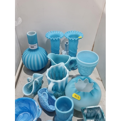 331 - A collection of blue vaseline glass including Vases, Bowls, Baskets, Jugs, etc, (R4)