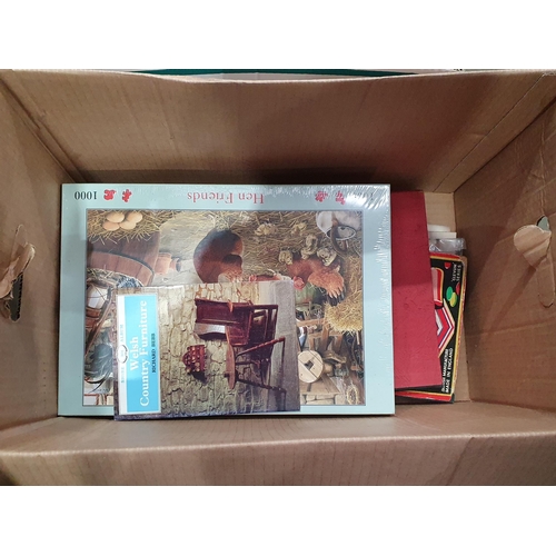 343 - Two boxes containing a Puzzle, Game Boards, Commemorative Mugs, Teaware, etc, (R4)