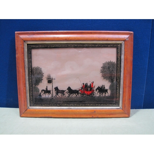 354 - ENGLISH SCHOOL. A framed picture on glass depicting a coaching scene, 13 x 19 in (Mez)