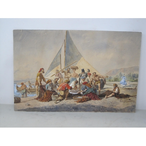 371 - FOLLOWER OF GEORGE H. BELLASIS. 'Off Funchal ', watercolour, unframed, 12 x 17 in; an unframed water... 