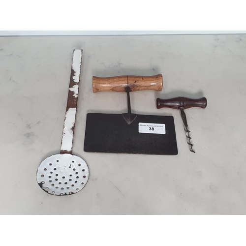 38 - An antique Herb Cutter, a Corkscrew and an enamel draining Ladle (R5)