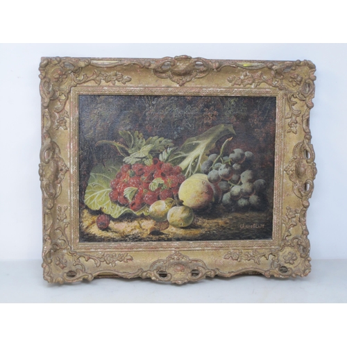 385 - OLIVER CLARE. A Still Life of Raspberries, Plums and Peaches on a mossy bank, signed, oil on canvas,... 