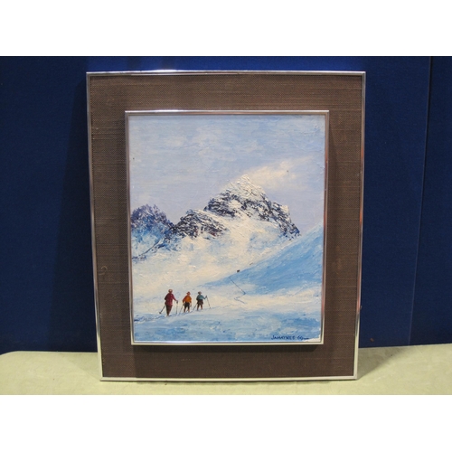 396 - J.A.HAYNES. A snowy Alpine Landscape with Skiers, signed and dated 69, oil on board, 18 x 15 in (Mez... 