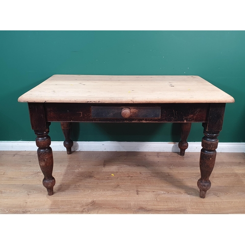 419 - A Victorian pine scrub top Farmhouse Table fitted single side drawer raised on turned supports 4ft 2... 