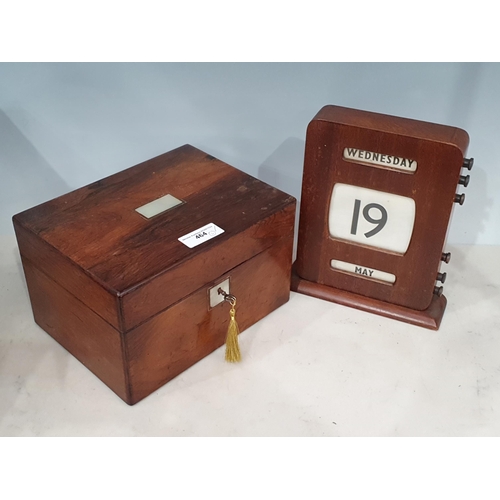 464 - A 19th Century rosewood Sewing Box with fitted interior 10in W x 6in H and an oak cased Calendar 9in... 