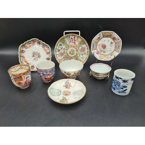 51 - Two 18th Century Chinese polychrome Tea Bowls, two Mandarin Cups, blue and white Coffee Can and four... 