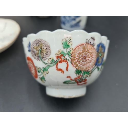 51 - Two 18th Century Chinese polychrome Tea Bowls, two Mandarin Cups, blue and white Coffee Can and four... 