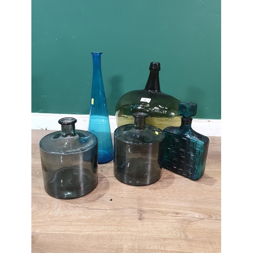 63 - A large green glass Flask, 16in, pair of green Flasks, 10in, Whiterfriars style Flask and Stopper an... 