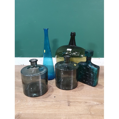 63 - A large green glass Flask, 16in, pair of green Flasks, 10in, Whiterfriars style Flask and Stopper an... 