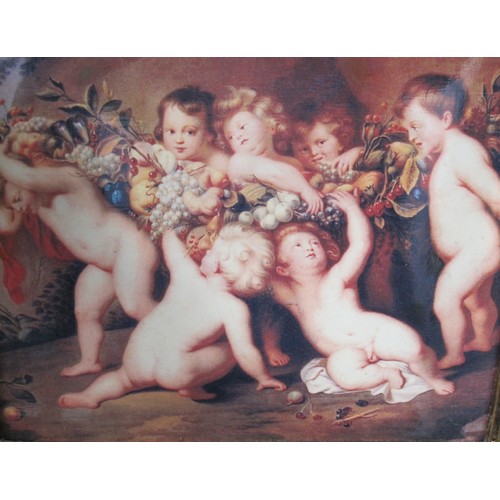 77 - MANNER OF RUBENS. Putti carrying Fruit, colour reproduction, laid on panel (?), 7 1/2 x 9 in (R5)