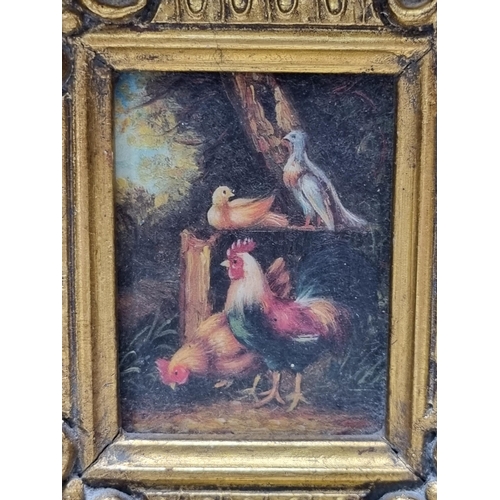 838 - Reproduction miniature Oil Painting of Chickens etc in gilt frame.