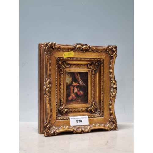 838 - Reproduction miniature Oil Painting of Chickens etc in gilt frame.