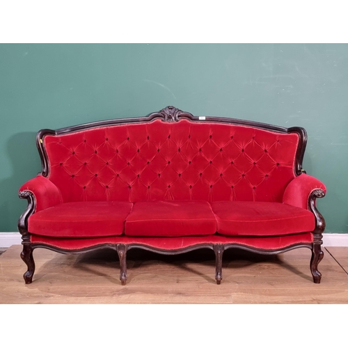 464 - A Victorian style red button upholstered Sofa on cabriole front supports 6ft 6in W x 3ft 7in H (R5)