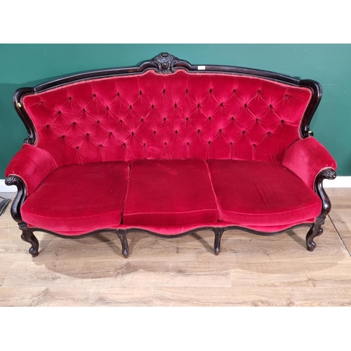 464 - A Victorian style red button upholstered Sofa on cabriole front supports 6ft 6in W x 3ft 7in H (R5)