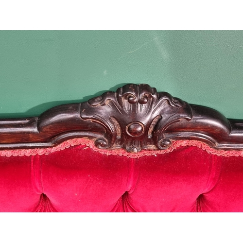 464 - A Victorian style red button upholstered Sofa on cabriole front supports 6ft 6in W x 3ft 7in H (R5)