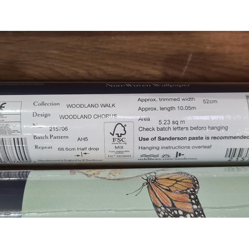 Six unopened rolls of Sanderson Woodland Chorus Wallpaper and three