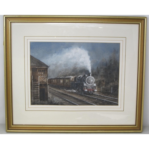 708 - GRAHAM HADLOW. (Contemporary) A Steam Engine passing a signal box, signed, watercolour heightened wi... 