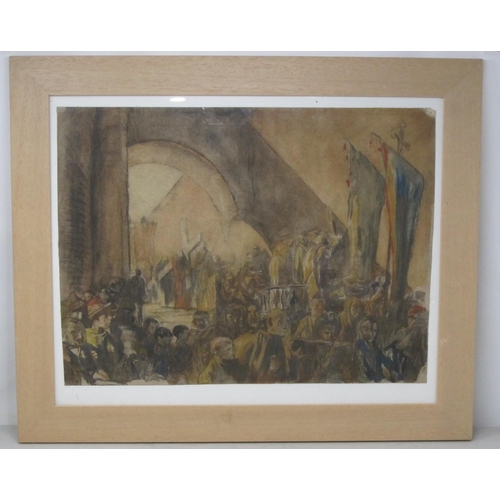 718 - SIR FRANK BRANGWYN RA.RWS (1867-1956) Golgotha, charcoal, coloured chalks and watercolour, 13 1/2 x ... 