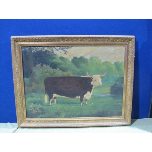 749 - E.S. GAUCI. (fl late 19th Century). A Hereford Cow in a Meadow, a river beyond, signed and dated 188... 