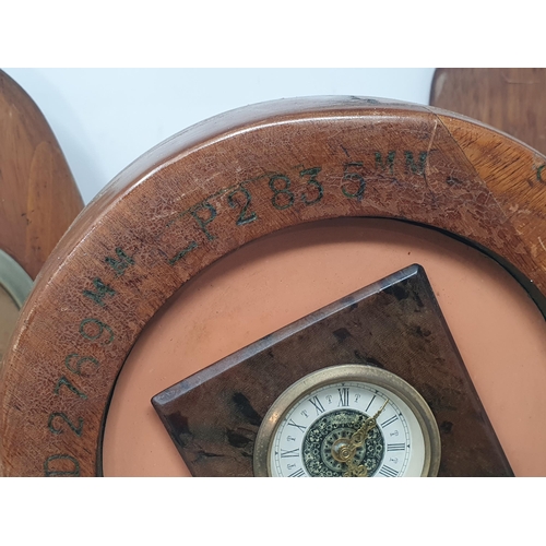 1049 - A Mantle Clock and pair of Photograph Frames made from the boss and tips of a B.E.2C Propeller stamp... 