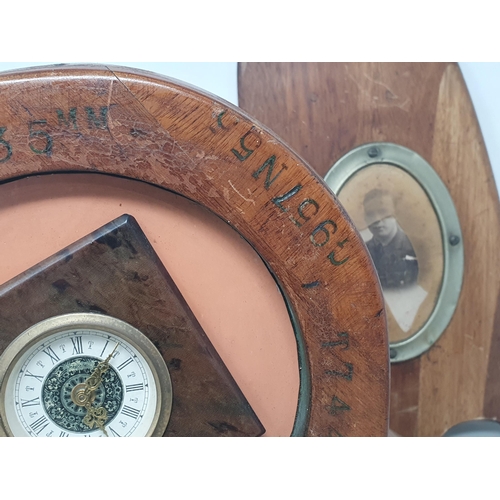 1049 - A Mantle Clock and pair of Photograph Frames made from the boss and tips of a B.E.2C Propeller stamp... 