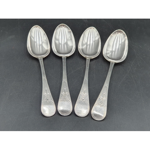 112 - Four George III silver Table Spoons old english pattern with bright-cut decoration, London 1793, mak... 