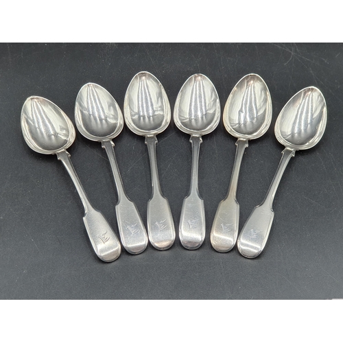 115 - Six William IV silver Teaspoons fiddle pattern engraved initial A, London 1833, maker: A, J & A Savo... 