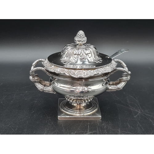 120 - A Victorian silver Mustard Pot and Cover in the form of a Warwick Vase with entwined handles, shell ... 