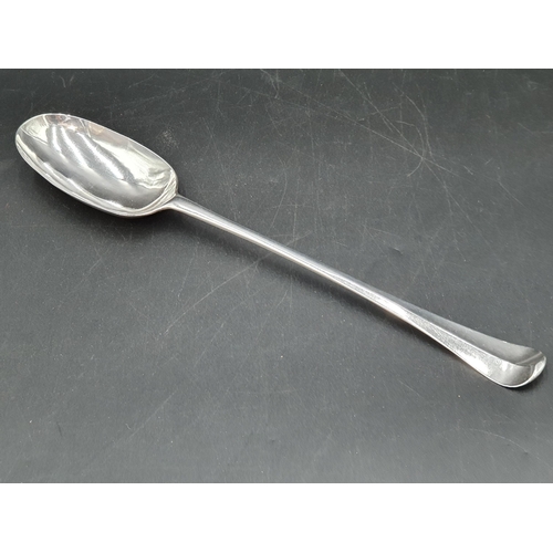 15 - A George II silver Basting Spoon Hanoverian pattern engraved initials, London 1730, maker: S.W