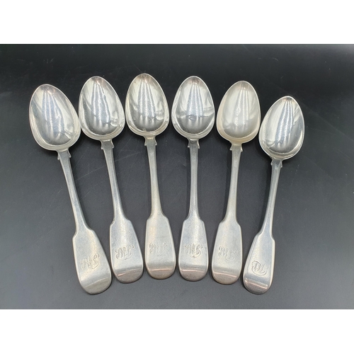 18 - Five Victorian silver Table Spoons fiddle pattern engraved initials, London 1843,and another, London... 