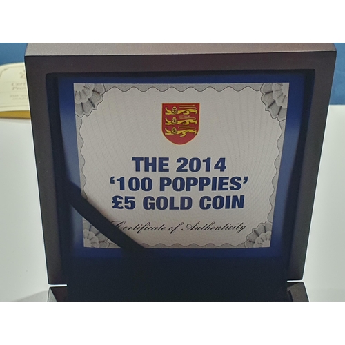 306 - A Jersey 2014 100 Poppies gold Five Pound, in case, with COA