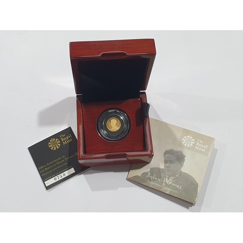 329 - An Alderney 2014 gold proof Dylan Thomas One Pound, in case, with COA