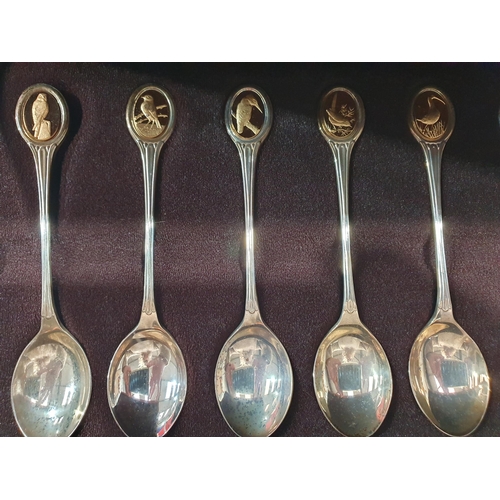 332 - An RSPB silver Bird Spoon Collection, twelve Spoons in fitted wooden case, along with documents