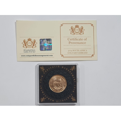 341 - A 2014 gold ¼ Krugerrand, with COA